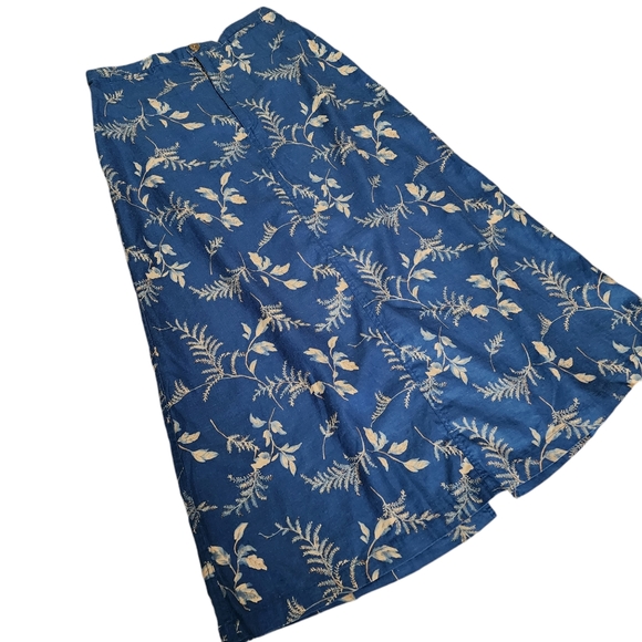 Vintage blue Linen plant print long skirt - Picture 2 of 9